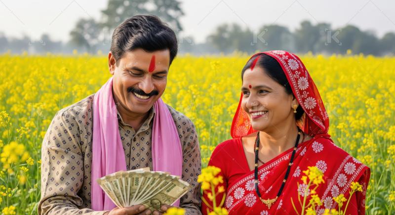 Happy Indian farmer couple celebrating financial success in field.