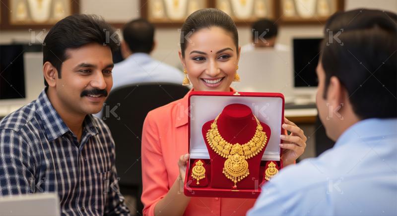 Smiling Indian couple buying exquisite traditional gold jewelry in store.