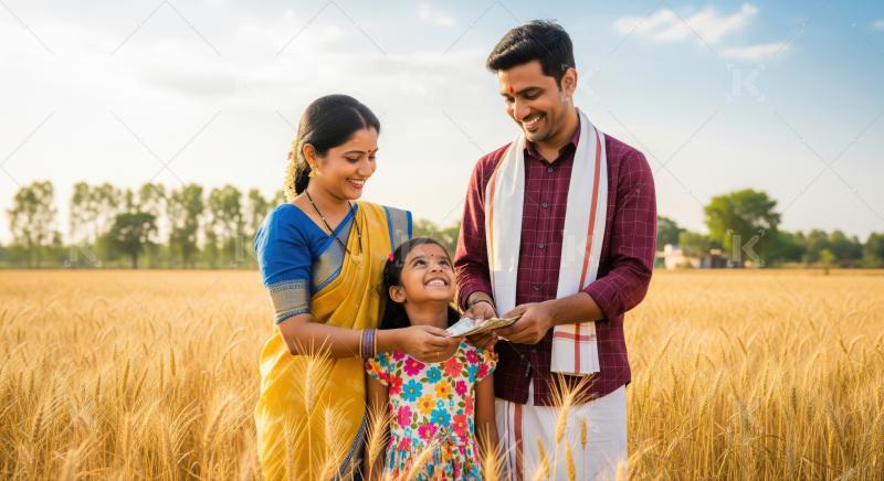 Joyful Indian family shares money amidst golden harvest.