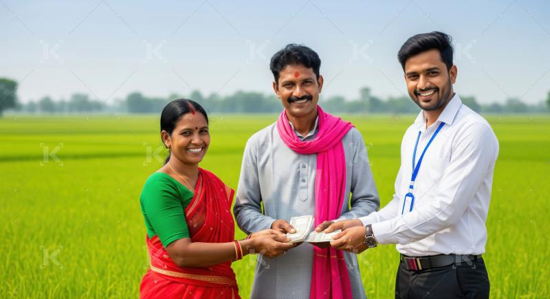 Happy Indian farmers receive financial assistance from a bank representative.