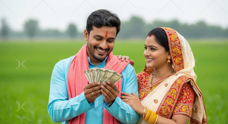 Prosperous Indian farmers show joy after financial success.