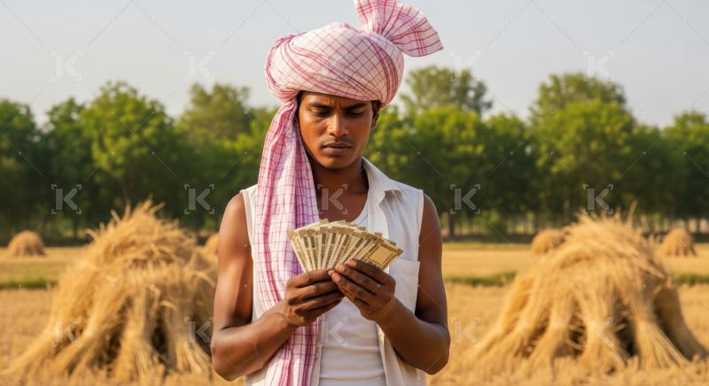 Rural Indian man with turban counts earnings after harvest.