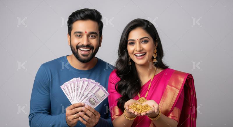 Cheerful Indian couple proudly displays savings with money and gold.