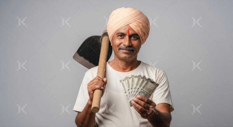 Confident Indian farmer proudly displays hard-earned money and farming tool.