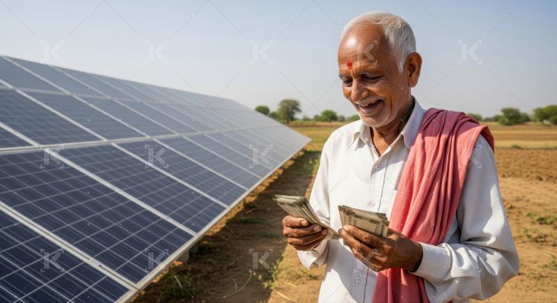 Elderly Indian farmer smiles, counting earnings from solar power.