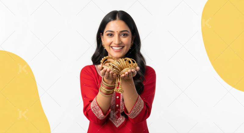 Happy woman holding many golden bangles for festive celebration.
