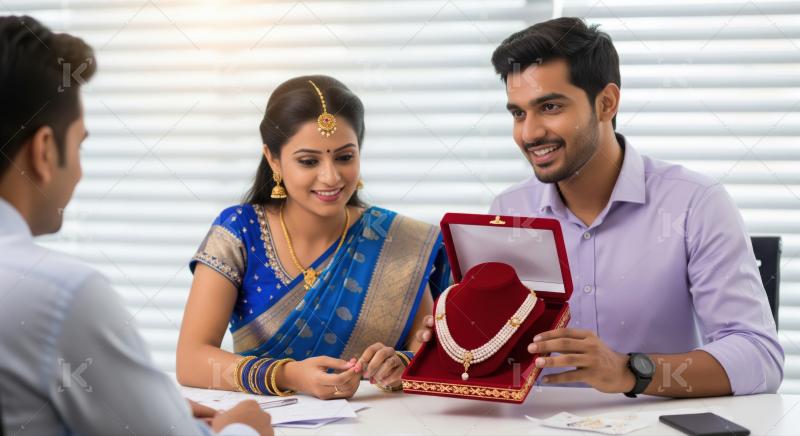 Smiling Indian couple happily purchasing a beautiful pearl necklace.