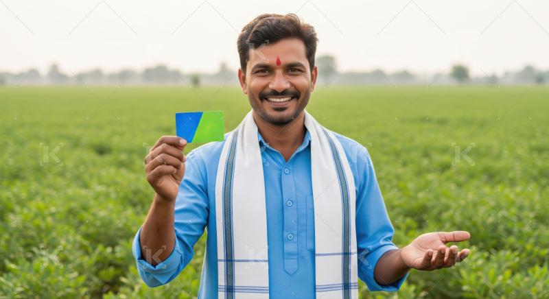 Happy farmer presents modern banking card in his crop field.