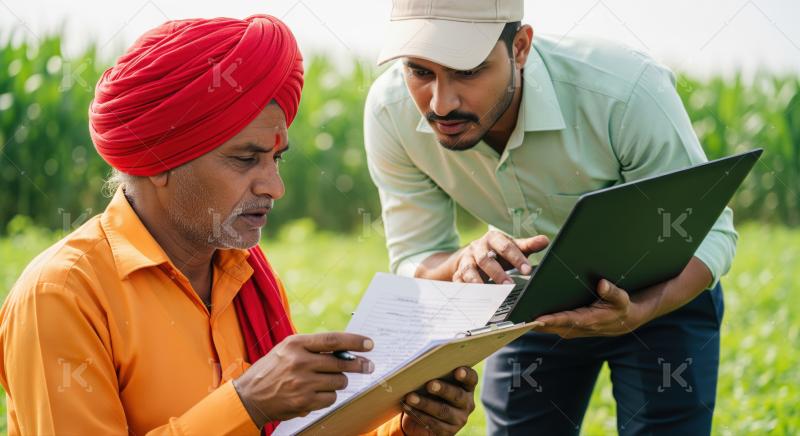 Indian farmer and agronomist review crop data for better management.