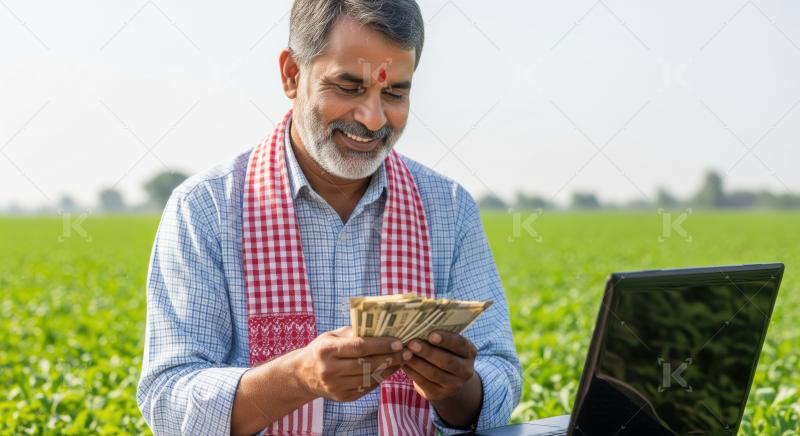 Prosperous farmer counts earnings, leveraging modern technology for agricultural success.