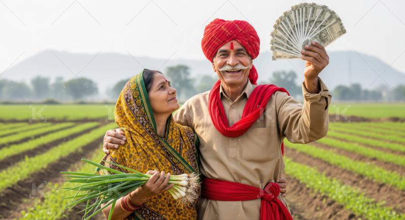 Successful Indian farmers proudly displaying their earnings and fresh harvest.