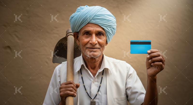 Elderly Indian farmer proudly shows credit card, holding his traditional hoe.