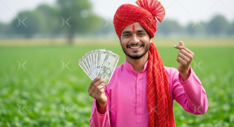 Smiling Indian farmer happily displays money and heart gesture.