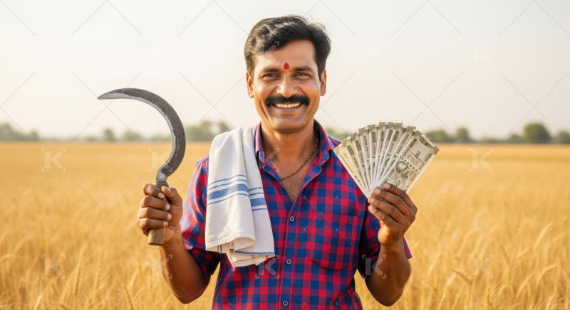 Smiling Indian farmer holding money and sickle in field.