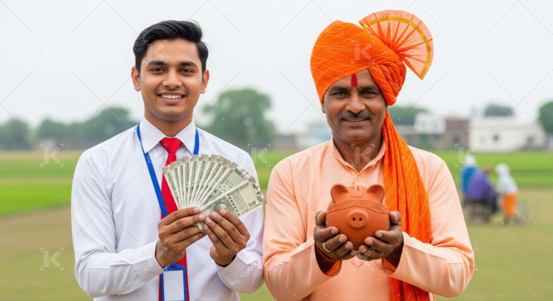 Rural Indian men display savings, cash, and traditional piggy bank.
