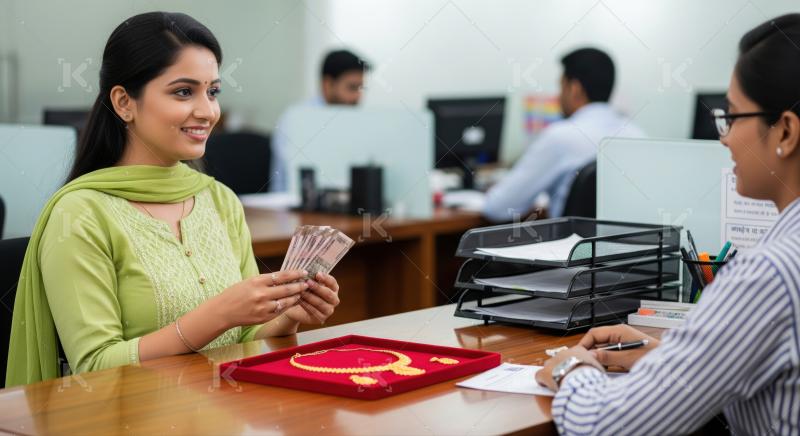 Happy Indian woman receives money for gold jewelry at bank.