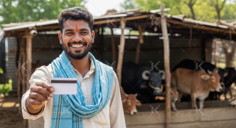 Happy Indian farmer proudly displays credit card in rural farm.