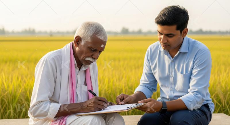 An Indian farmer signs important documents with a young agent.