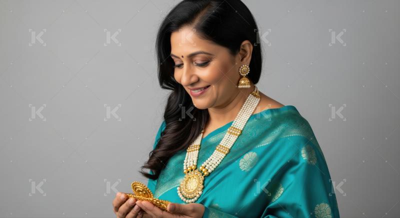 Elegant Indian woman smiling, adorned with traditional gold and pearl jewelry.