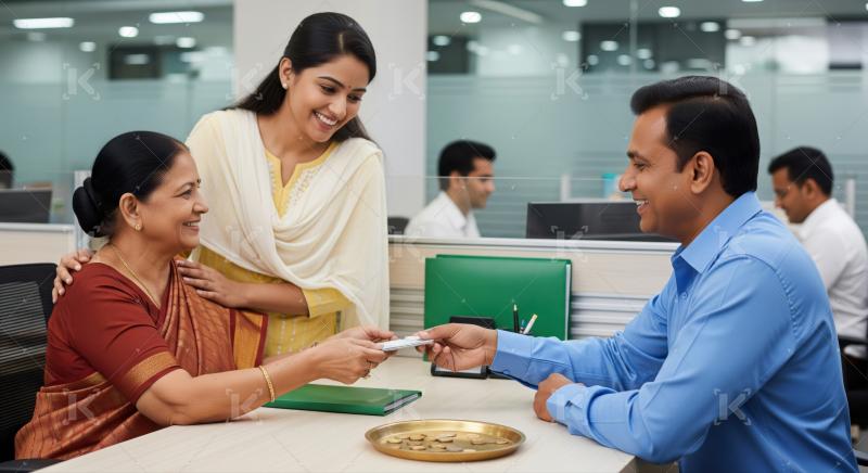 An Indian family engages with a bank officer for services.