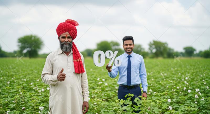Indian farmer, banker discuss zero percent loan in field.