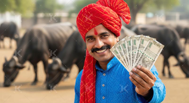 Happy farmer showcases Indian currency notes with buffalo herd.
