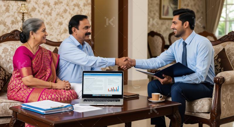 Indian family discussing wealth management and future investments.