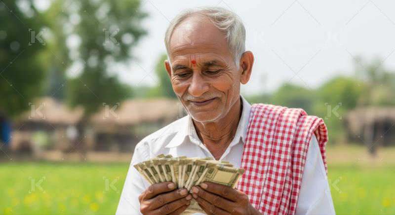 Elderly Indian farmer happily counts his hard-earned money outdoors.