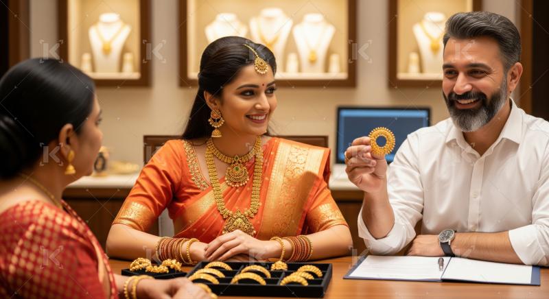 Smiling Indian family purchasing exquisite traditional gold jewelry together.