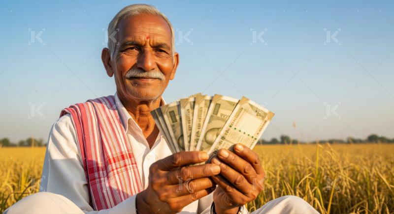 Smiling Indian farmer proudly displays money in golden field.