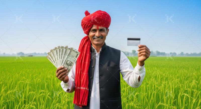 Happy Indian farmer shows financial progress with money and credit card.