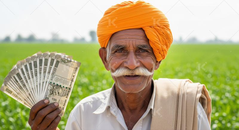 Joyful Indian farmer proudly displays his earnings in the field.