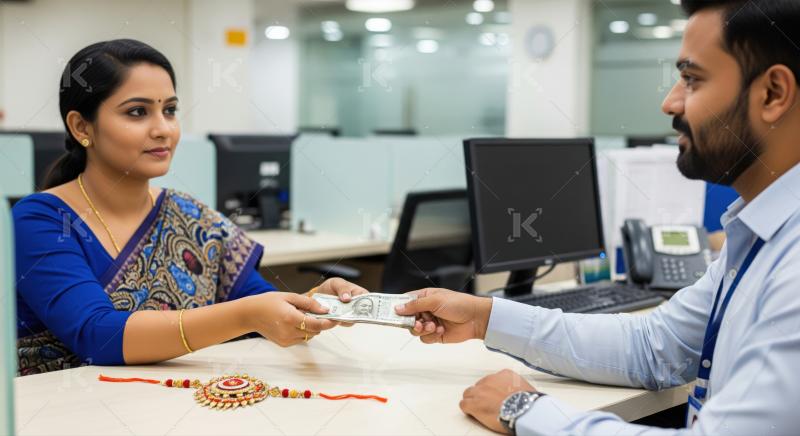 Woman exchanges Indian rupees with man at an office desk.