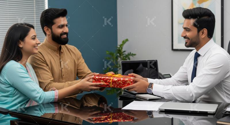Smiling Indian clients offer a beautifully wrapped gift.