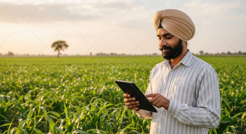Modern Indian farmer uses digital tablet in vast green field.
