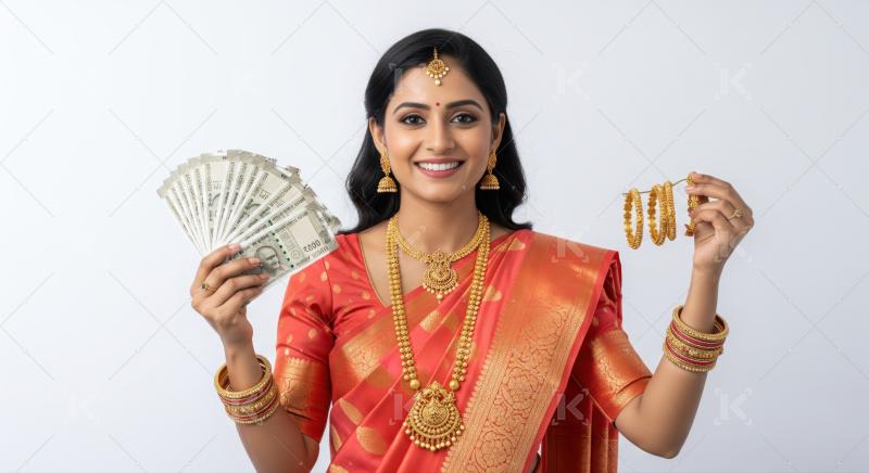 Smiling woman proudly showcases traditional Indian gold jewelry and currency.