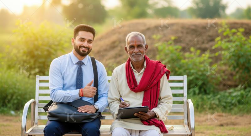 Young professional assists Indian farmer with modern digital tablet technology.