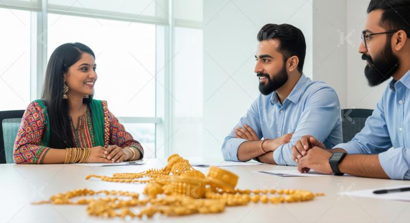 Indian professionals discuss gold jewelry in a modern corporate setting.