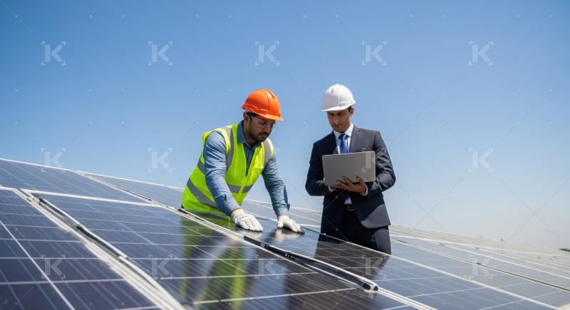 Professionals collaboratively inspecting solar panels, optimizing clean energy system performance.