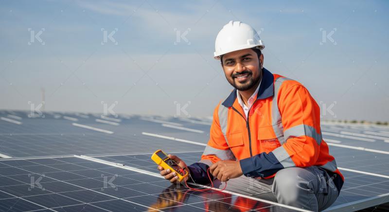 Smiling engineer checking solar panels with multimeter for clean energy.