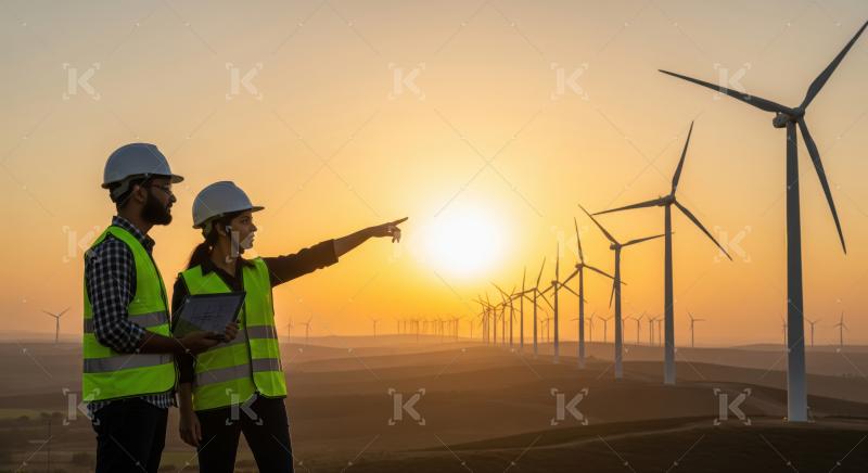 Engineers discuss renewable energy project amidst a wind farm at sunset.