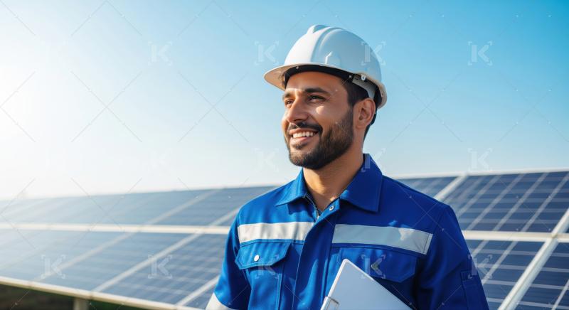 Confident engineer inspecting photovoltaic panels, driving clean energy progress.