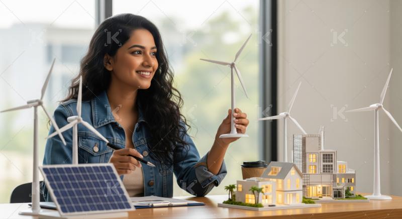 Young woman plans sustainable energy projects, showcasing eco-friendly urban development.