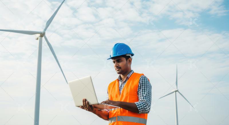Engineer monitors wind farm operations using a laptop outdoors.