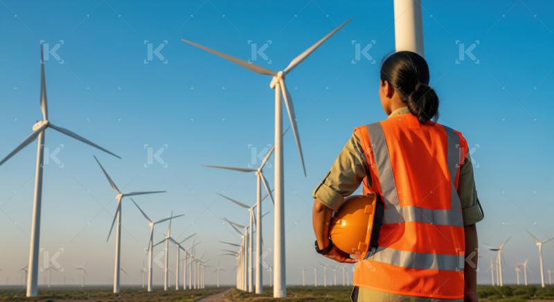 Woman engineer proudly surveying a massive wind power generation field.