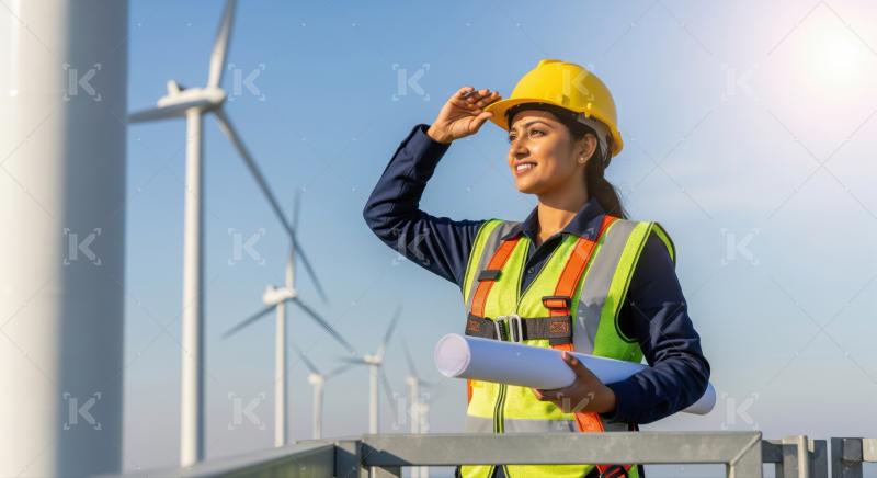 Engineer overseeing wind farm, driving sustainable energy and a greener future.
