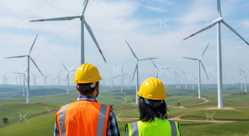 Two professionals observing a vast wind power generation facility.