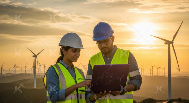 Professionals review renewable energy data at a vast wind farm.