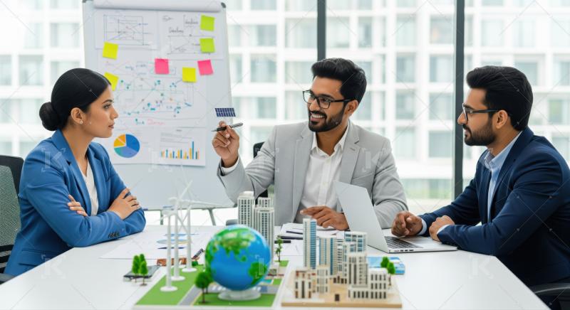 Diverse team collaborates on sustainable urban development and green initiatives.