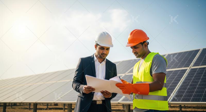 Professionals review blueprints for sustainable solar power plant development.